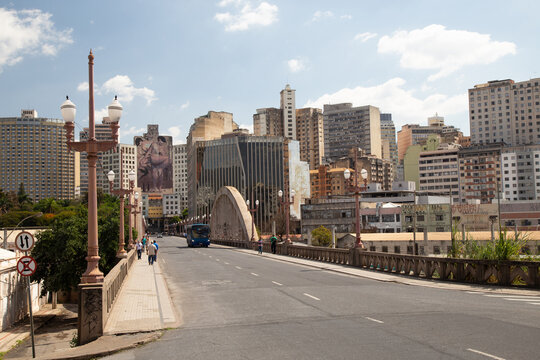 Santa Tereza Viaduct and buildings in the center of Belo Horizonte in the background during a beautiful sunny day
