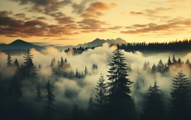 Misty forest at dawn with mountains in the distance under an orange sky