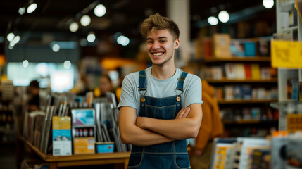 A Caucasian male bookstore owner is confidently folding his arms in a bookstore.