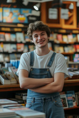 Obraz premium A Caucasian male bookstore owner is confidently folding his arms in a bookstore.