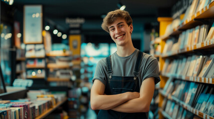 A Caucasian male bookstore owner is confidently folding his arms in a bookstore.