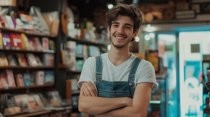A Caucasian male bookstore owner is confidently folding his arms in a bookstore.