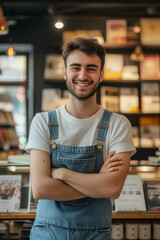 Fototapeta premium A Caucasian male bookstore owner is confidently folding his arms in a bookstore.