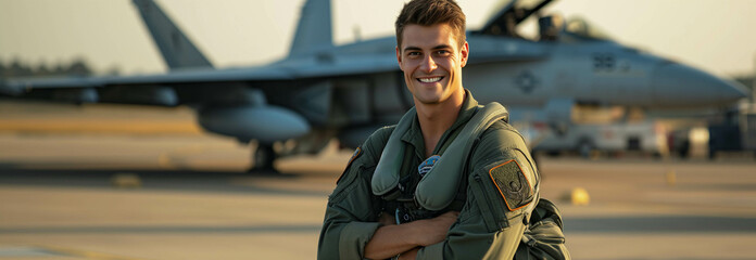 Caucasian male air force officer is confident in piloting a fighter jet. - obrazy, fototapety, plakaty