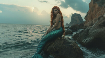 Young mermaid sitting on a rock on an island in the sea. - Powered by Adobe