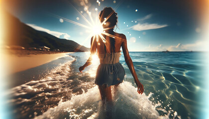 Fototapeta premium woman walkin on the beach, at sunset, generative ai