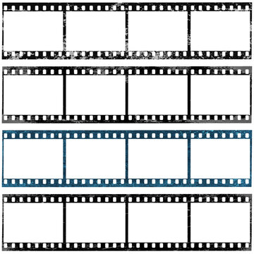 Four pictures film strip texture with blank space, png isolated background. Old grunge movie film long strip, vintage filmstrip roll frame