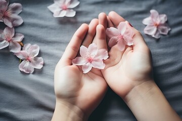 Obraz na płótnie Canvas Elegant gray manicured hand touching summer flower petals for feminine product ad