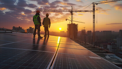 A solar power engineer is seen installing solar panels on a rooftop, concept of alternative renewable energy