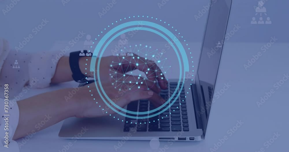 Poster animation of ai data processing over caucasian man typing on computer