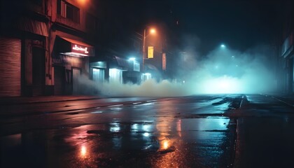 Fototapeta na wymiar Wet asphalt, reflection of neon lights, a searchlight, smoke. Abstract light in a dark empty street with smoke, smog. Dark background scene of empty street, night view, night city.