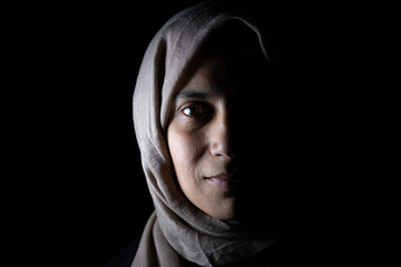 portrait for muslim women on black background in studio with facial expressions