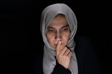 portrait for muslim women on black background in studio with facial expressions