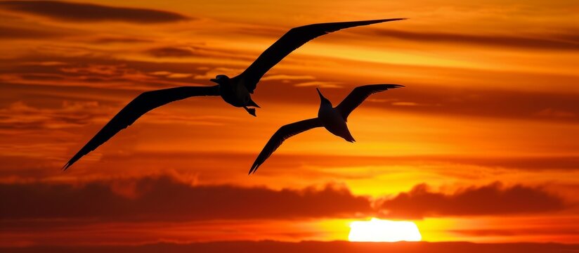 Two frigate birds fly side by side during a sunset in Santa Cruz, Galapagos Islands.