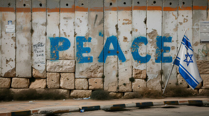 Israeli flag with the word "PEACE" on a wall. Middle East conflict. Israel - Palestine war. Terrorism.