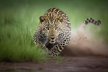 Action scene of a large jaguar running through a grass field chasing a prey. World Wildlife Conservation concept.