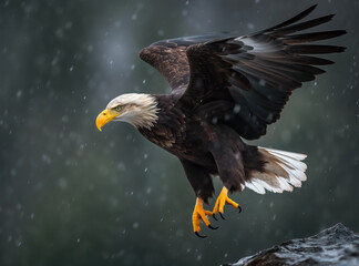 Fototapeta premium A Bald eagle is flying through a snowy sky with its wings spread wide. World Wildlife Conservation concept.