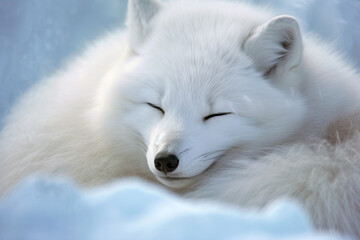 Naklejka premium Cute Wild artic fox with its eyes closed resting on the snow. World Wildlife Conservation concept.