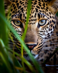 Close-up of a jaguar's face with eyes open and looking straight ahead. Surrounded by grass in its natural habitat. World Wildlife Conservation concept.