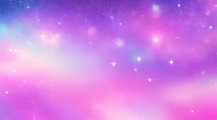 Gordijnen Holographic fantasy rainbow unicorn background with clouds and stars. Pastel color sky. Magical landscape, abstract fabulous pattern. Cute candy wallpaper. Vector.  © Cobe