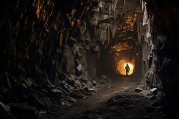 Subterranean Mine tunnel cave railway. Rock dark mineral. Generate Ai