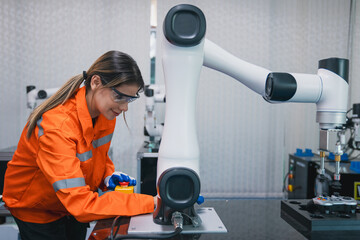 Student engineer Assembling Robotic Arm with computer in Technology Workshop. Service Engineer Holding Robot Controller and Checking Robotic Arm Welding Hardware.