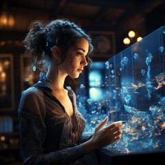 business woman in office shows holographic artificial intelligence. science , new future technology, futuristic and technology concept. square