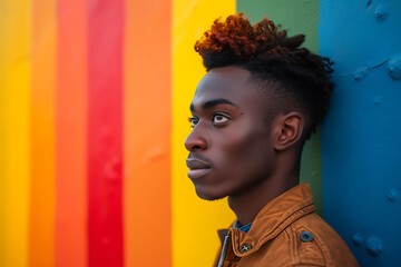 A black man against a vibrant Pride background featuring the LGBTQ Pride flag colors and rainbow stripes