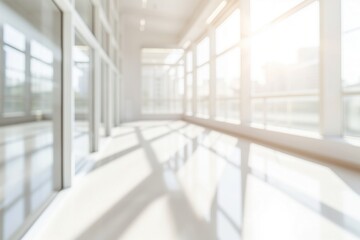 Abstract blurred interior with large sunny windows and white walls, coffee room or office background