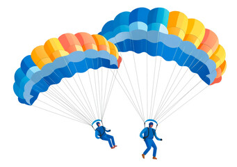 Obraz premium Parachutists in skydiving adventure. Two skydivers descend with colorful parachutes.