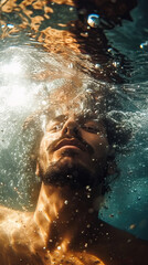 Submerged Struggle: A Man Underwater, Struggling Against Suffocation, Capturing the Tension and Desperation of a Fight for Breath in the Depths