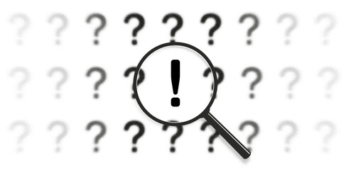 Search answer idea, problem solution concept. Exclamation point between question mark icon pattern. Magnifying glass zoom. Focus lens, transparent blur, morphism effect. Grain, halftone, noise texture