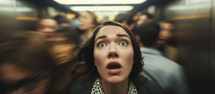 Terrified woman in formal attire feeling overwhelmed by the crowded elevator.