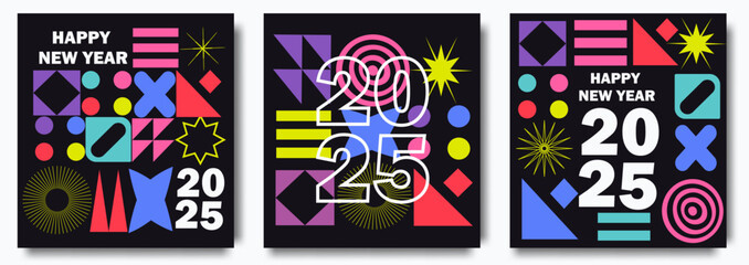 2025 Happy New Year posters set. Vector design templates on geometric style. Design templates with typography logo 2025 for celebration and season decoration. Minimalistic trendy backgrounds. 