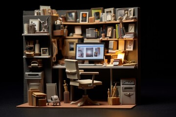 Cozy Miniature office workspace. Computer work. Generate Ai