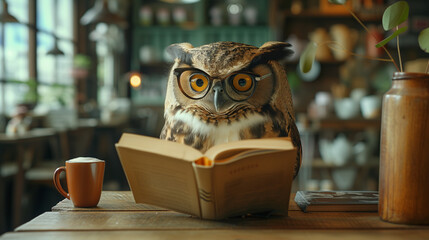 hipster owl reads at cozy cafe