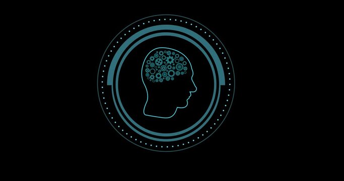 Animation of human brain with cogs and ai data processing over black background