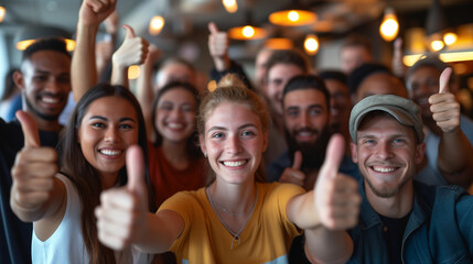 a diverse group of friends cheering and giving thumbs up at a social gathering