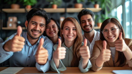 corporate synergy: professionals express approval with thumbs up