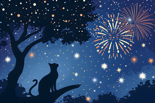 A cat on tree watching fireworks. holidays, frightened animals