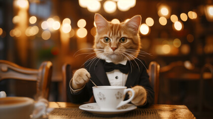 coffee and sophistication with a cat. anthropomorphism concept