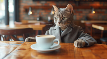 a charming scene of a well-dressed cat enjoying a cup of coffee at a stylish cafe. anthropomorphism concept