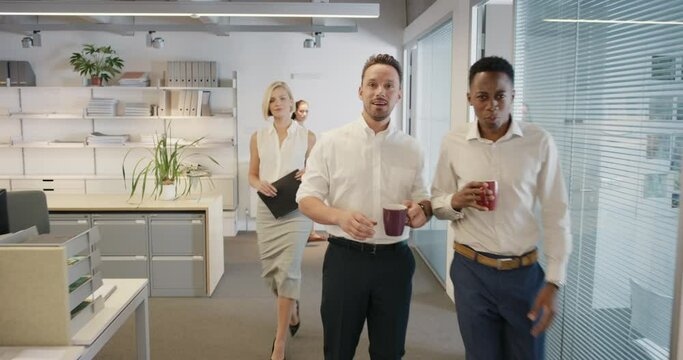 Business, office and walking pov with people in shock, surprise or harassment from staff. Corporate, workplace and person with rude colleagues, unfriendly group and experience employees bullying