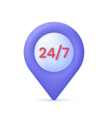 3D 24,7 illustration. 24,7 service concept. Location pin. 24 hours phone support illustration. Hotline customer service