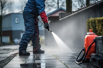 Pressure washing patio tiles for deep cleaning - 730372768