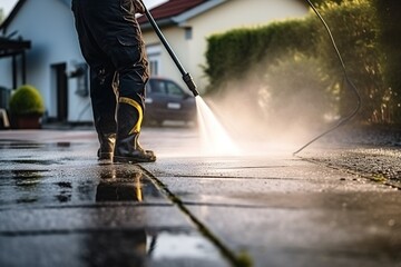 Pressure washing patio tiles for deep cleaning - 730372787