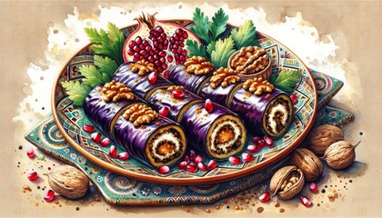 Vibrant watercolor painting of Georgian Badrijani Nigvzit, highlighting the elegance and flavors of vegetarian cuisine.
