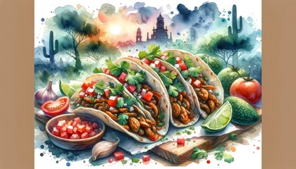 Artistic watercolor painting of Huitlacoche Tacos, highlighting the vegetarian Mexican dish against a dreamy landscape.
