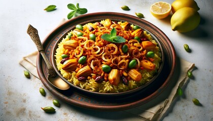 Innovative vegetarian Jackfruit Biriyani beautifully plated on a traditional Indian platter, showcasing complex flavors.
