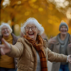 Energetic elderly group, outdoor activity, joyful ambiance
